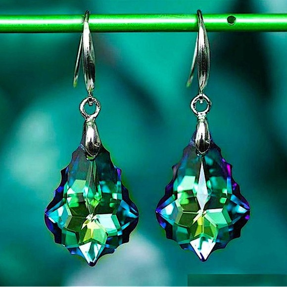 Austrian Crystal Silver Drop Dangle Colorful Baroque Leaf Earrings - Picture 1 of 4